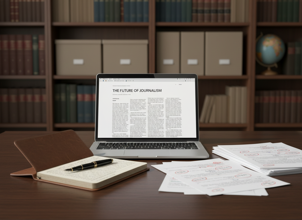 A meticulously organized journalism workspace featuring an open silver laptop displaying a clean article layout, surrounded by a leather-bound reporter’s notebook, a high-quality black fountain pen, and neatly stacked printouts marked with precise red editing annotations. Everything rests on a dark walnut desk with a subtle matte finish. Soft, diffused daylight from an unseen window to the left casts calm, professional shadows and gentle highlights across the objects. The background is softly blurred shelves of reference books and neutral binders, suggesting deep research. Photographic realism, eye-level composition with a shallow depth of field keeps the focus on the tools of writing and editing, conveying credibility, discipline, and editorial rigor for a professional journalism portfolio homepage.
