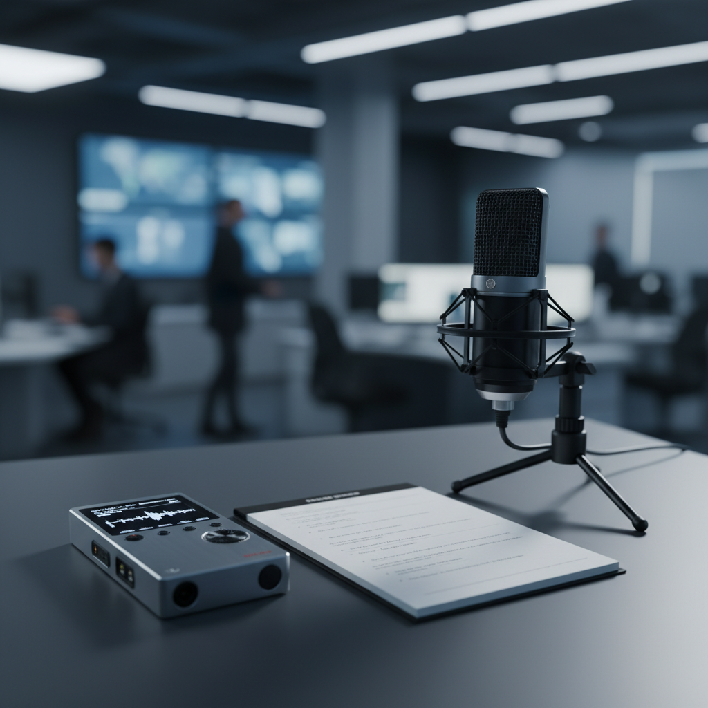 A close-up, photographic image of a polished digital audio recorder, a high-end studio microphone on a compact stand, and a slim, open notebook turned to a fresh page, arranged precisely on a smooth charcoal-grey desk. On the notebook page, subtle impressions suggest structured interview questions without showing legible text. Cool, even overhead lighting combined with a gentle side light from the right creates crisp, clean highlights on the metal surfaces and soft shadows along the paper. The background fades into a tasteful blur of a modern newsroom-style environment with muted tones and screens, emphasizing investigative audio journalism. Shot from a slightly elevated angle with a tight, centered composition, the mood is serious, focused, and highly professional.
